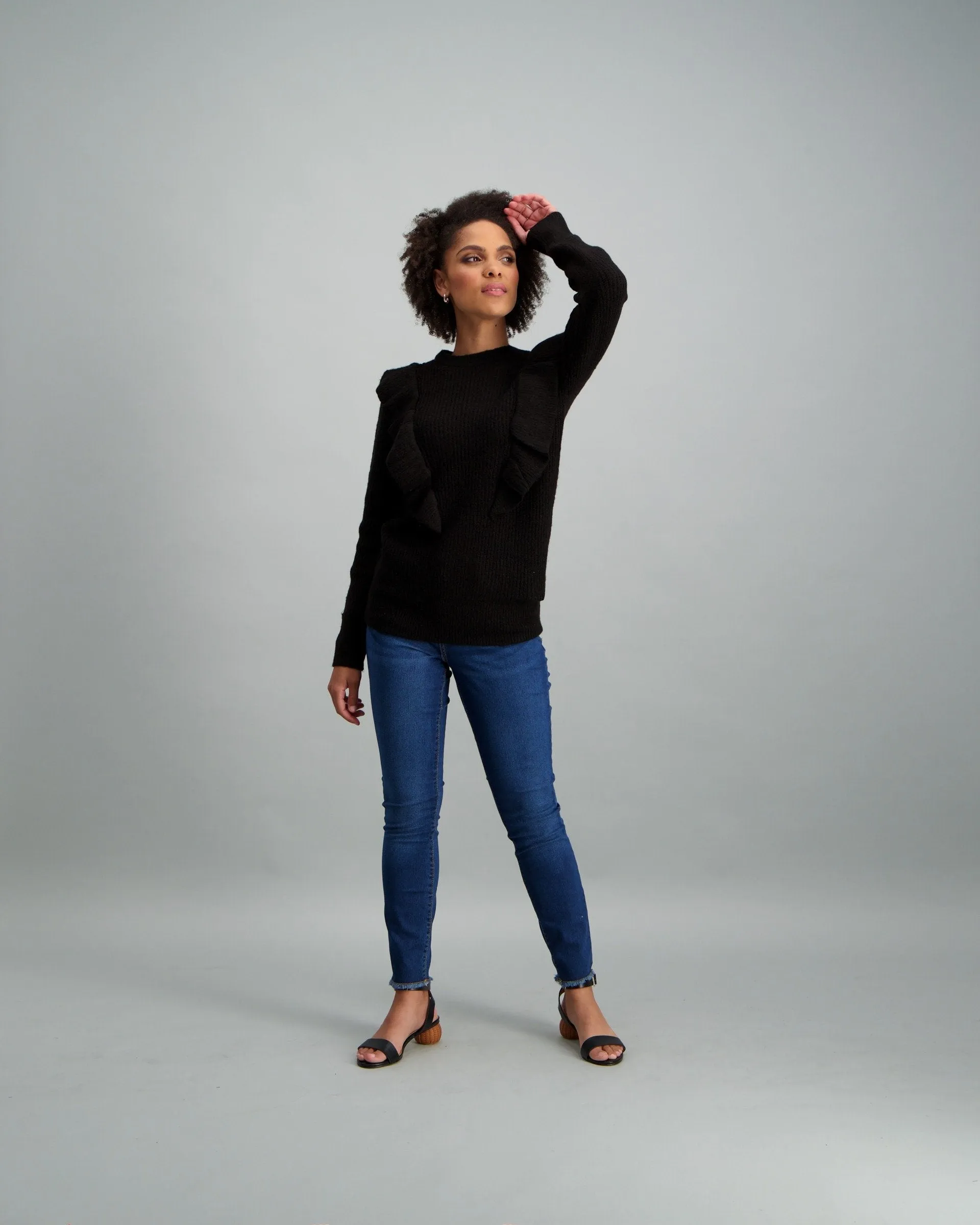 Ladies-Ruffle Frill Pullover Black