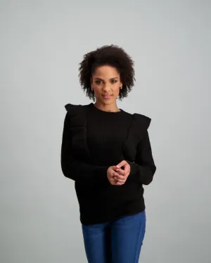 Ladies-Ruffle Frill Pullover Black