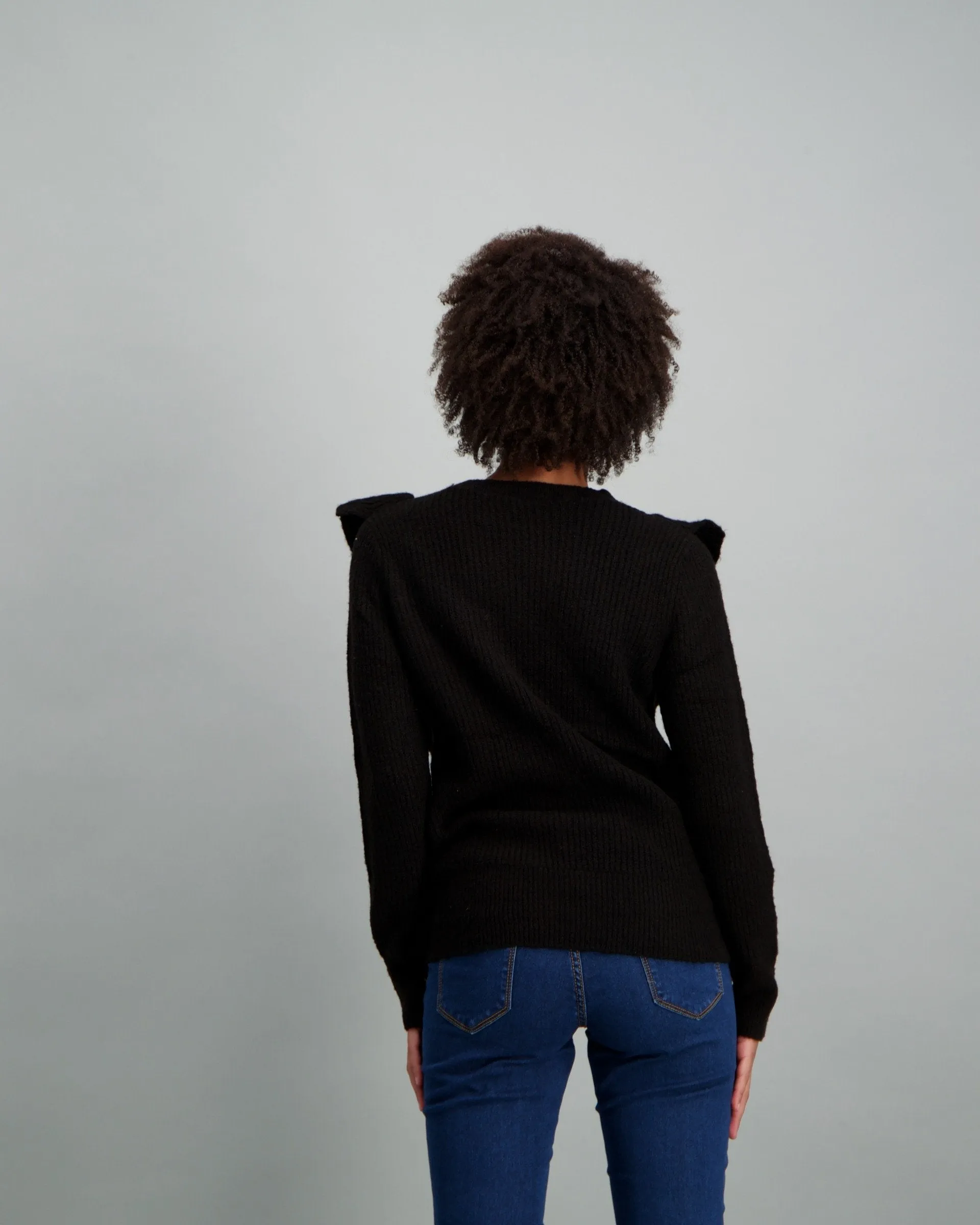 Ladies-Ruffle Frill Pullover Black
