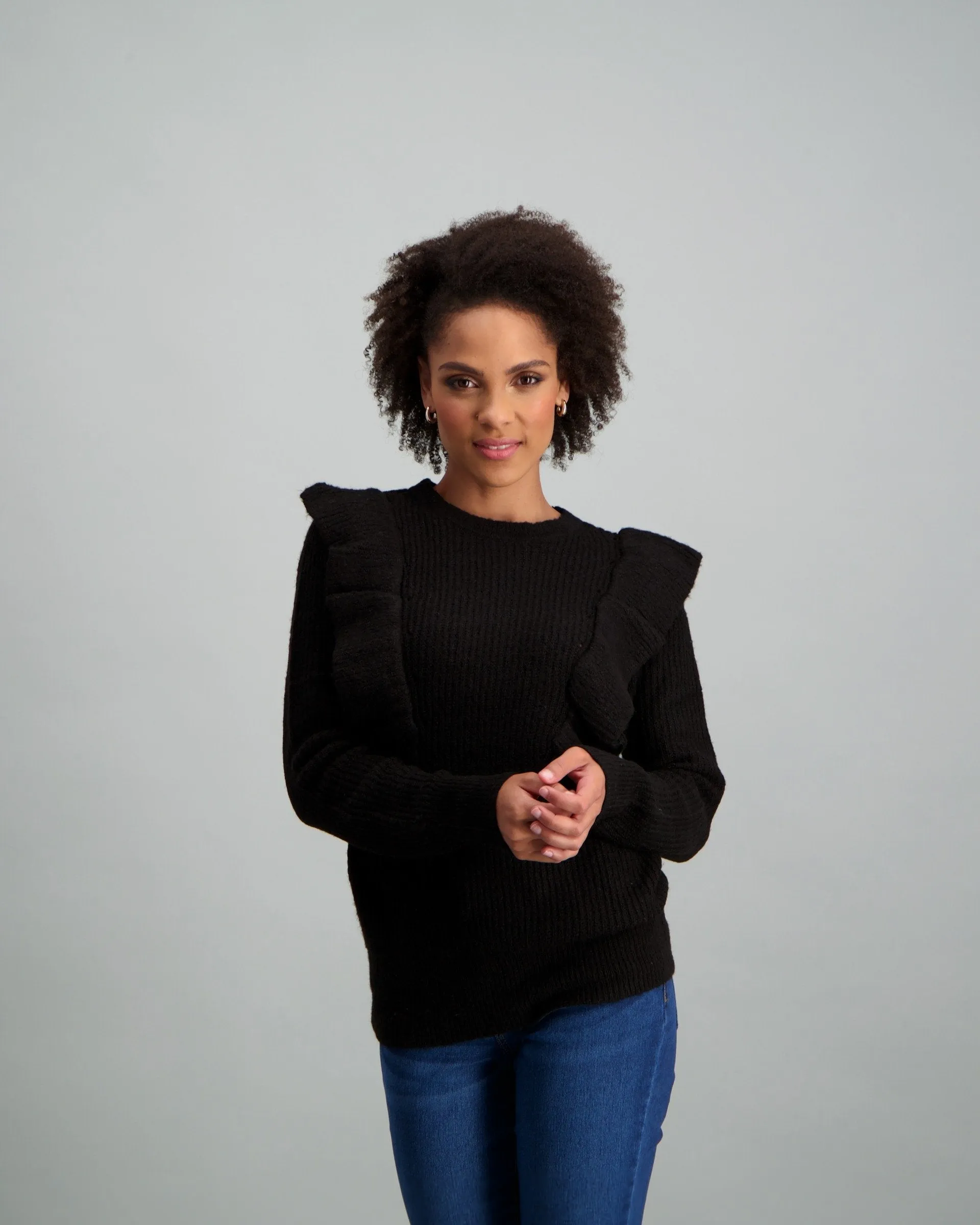 Ladies-Ruffle Frill Pullover Black