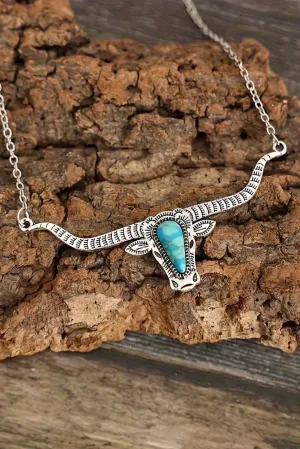 Light Blue Turquoise Steer Head Pendant Chain Necklace