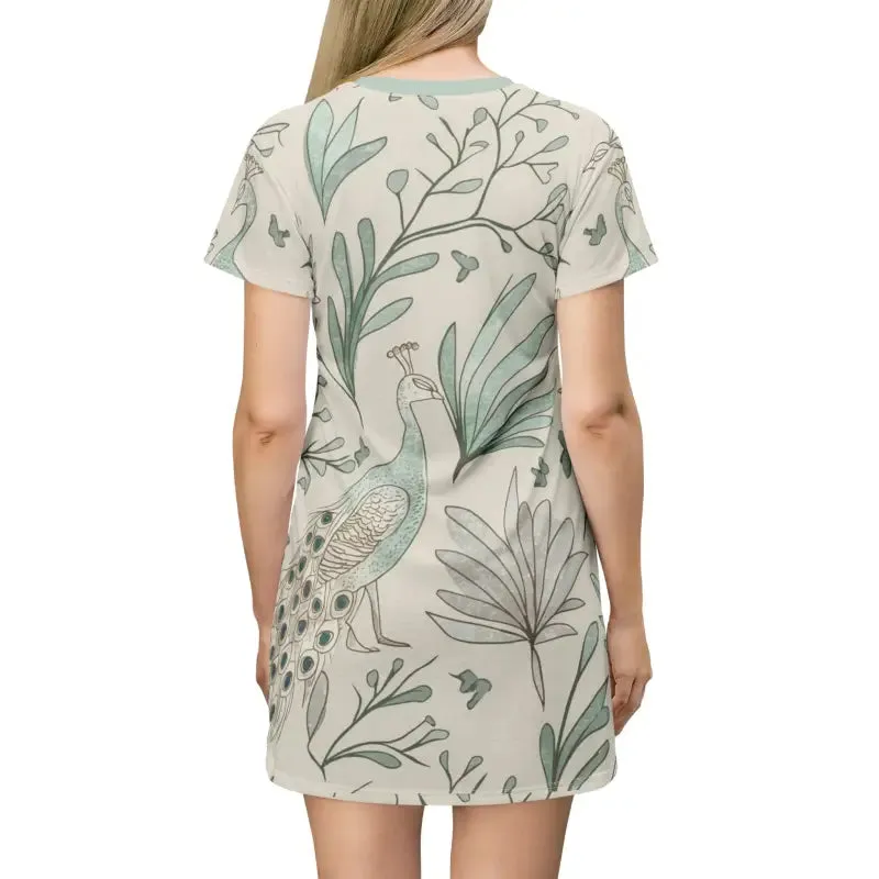 Mint Colored Shirt Dress with Vibrant Peacock Print