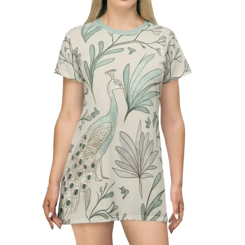 Mint Colored Shirt Dress with Vibrant Peacock Print