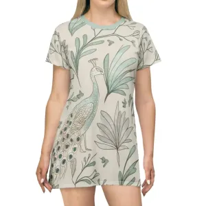 Mint Colored Shirt Dress with Vibrant Peacock Print