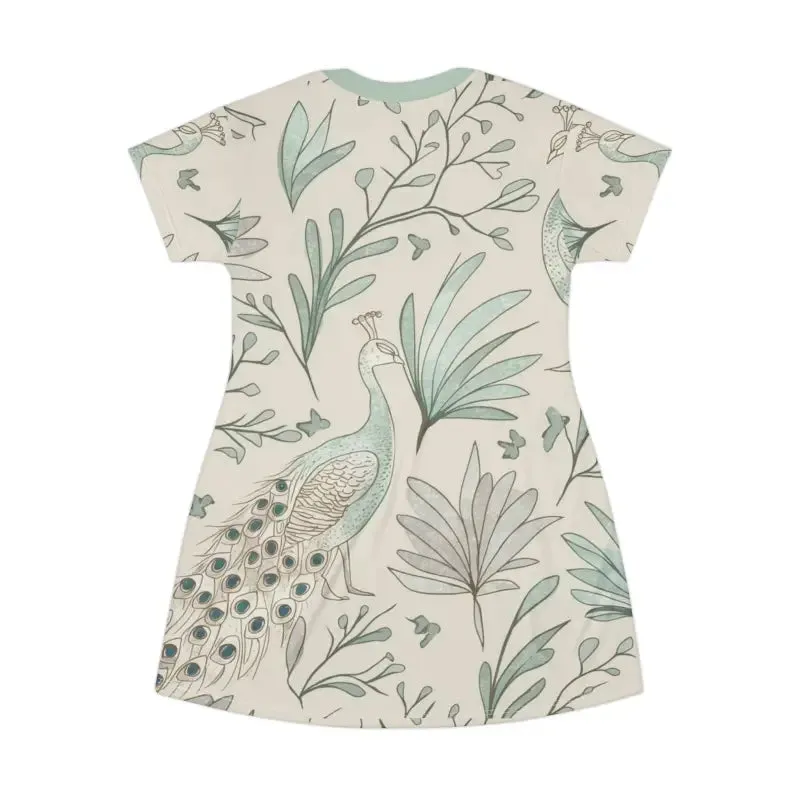 Mint Colored Shirt Dress with Vibrant Peacock Print