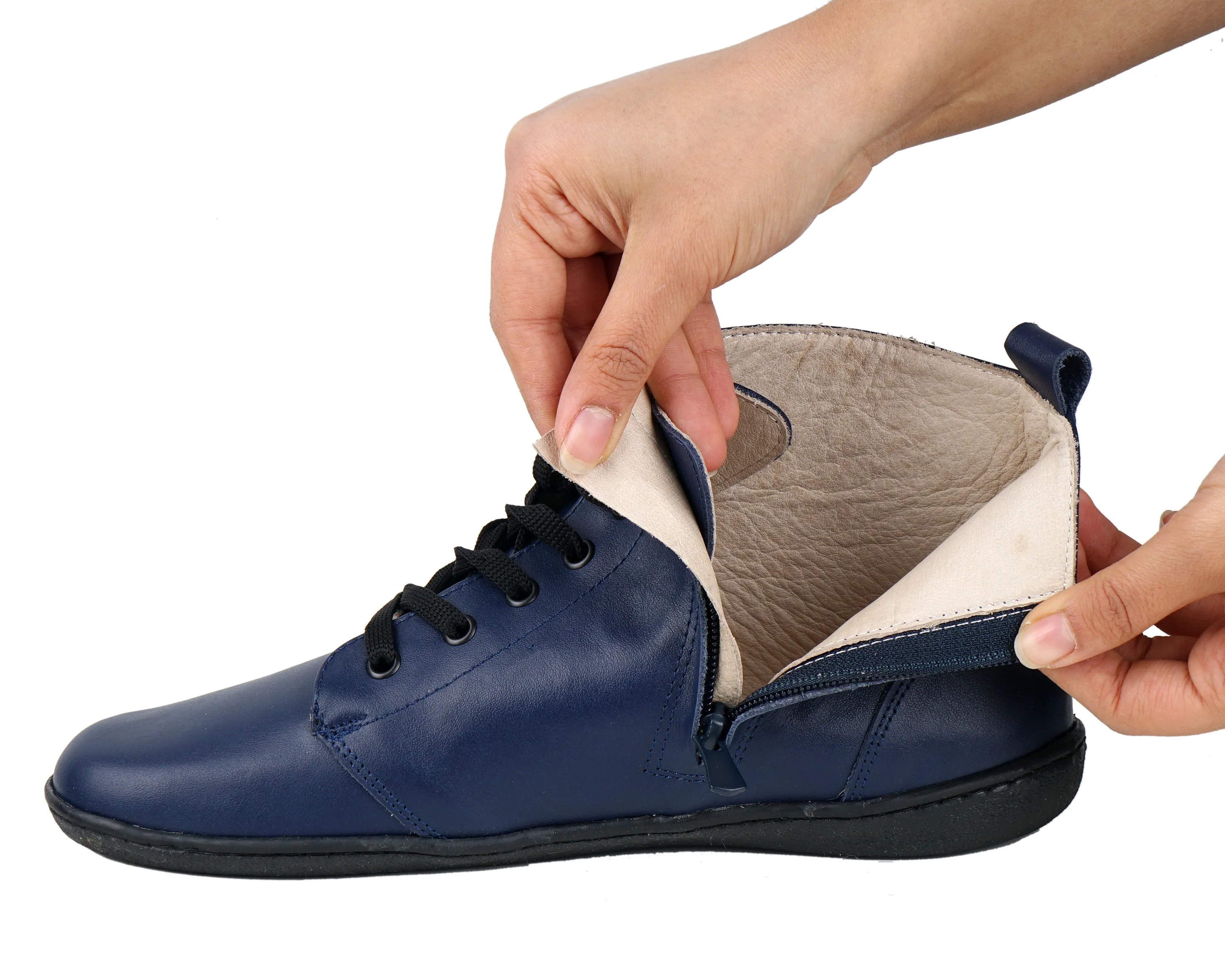 Navy Blue Short Boots Wide Barefoot Shoes Smooth Leather Handmade 6mm Rubber Outsole