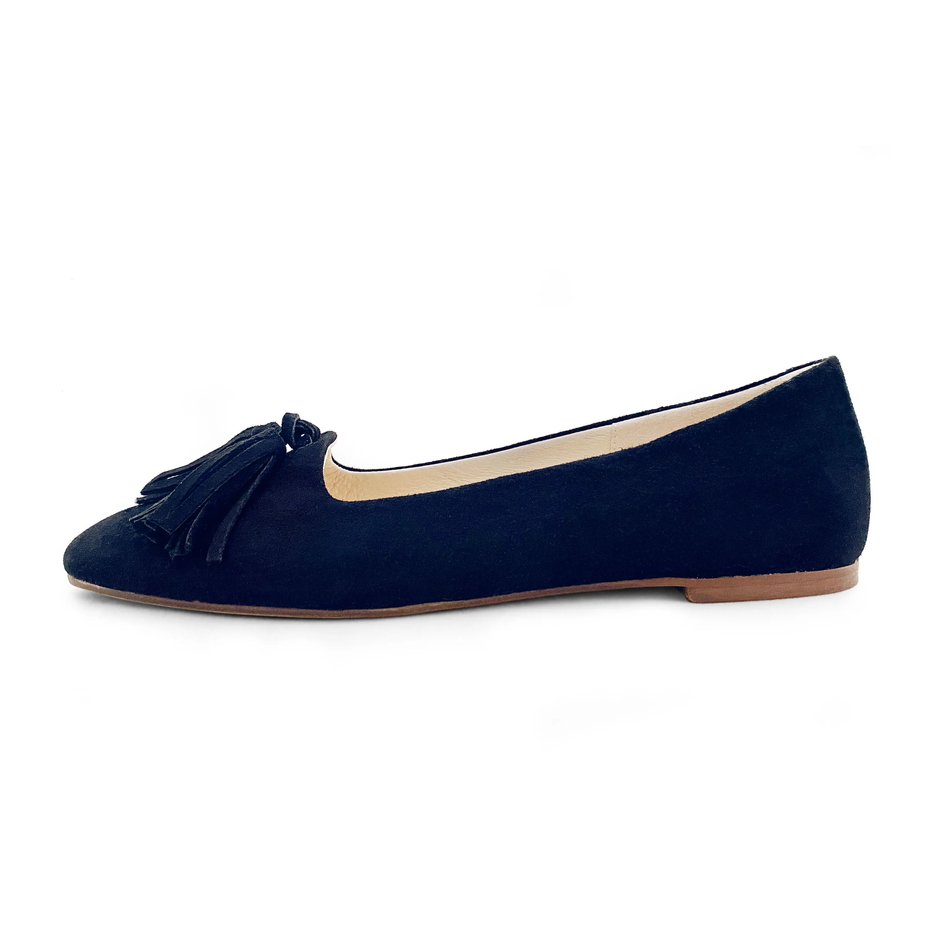 Navy blue suede moccasins with tassels