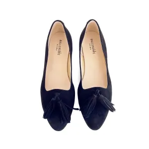 Navy blue suede moccasins with tassels