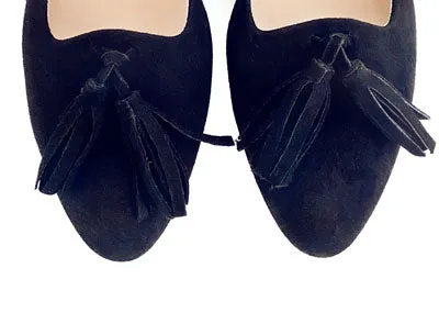 Navy blue suede moccasins with tassels