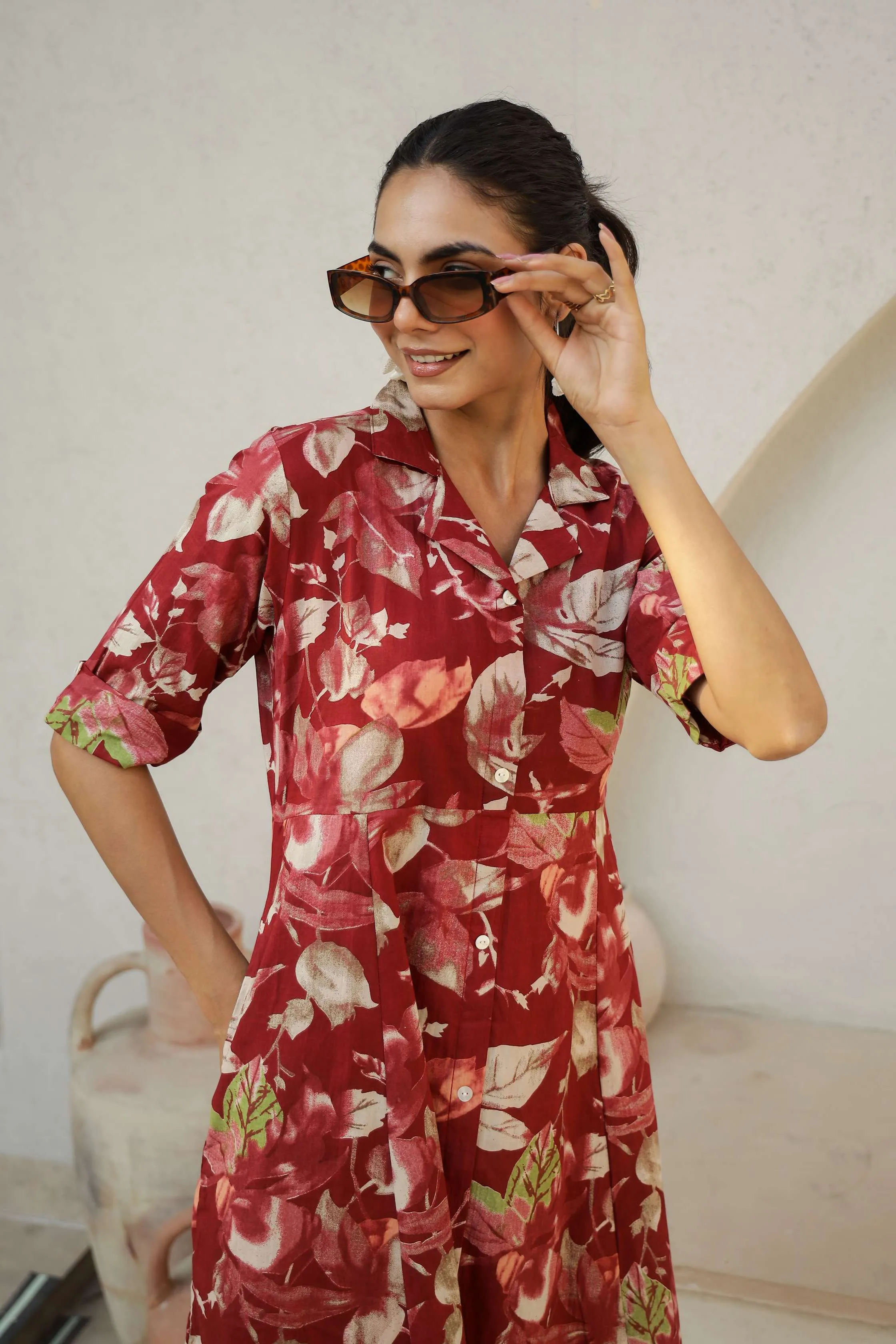 Red Floral Cotton Shirt Dress – Elegant Flared Midi