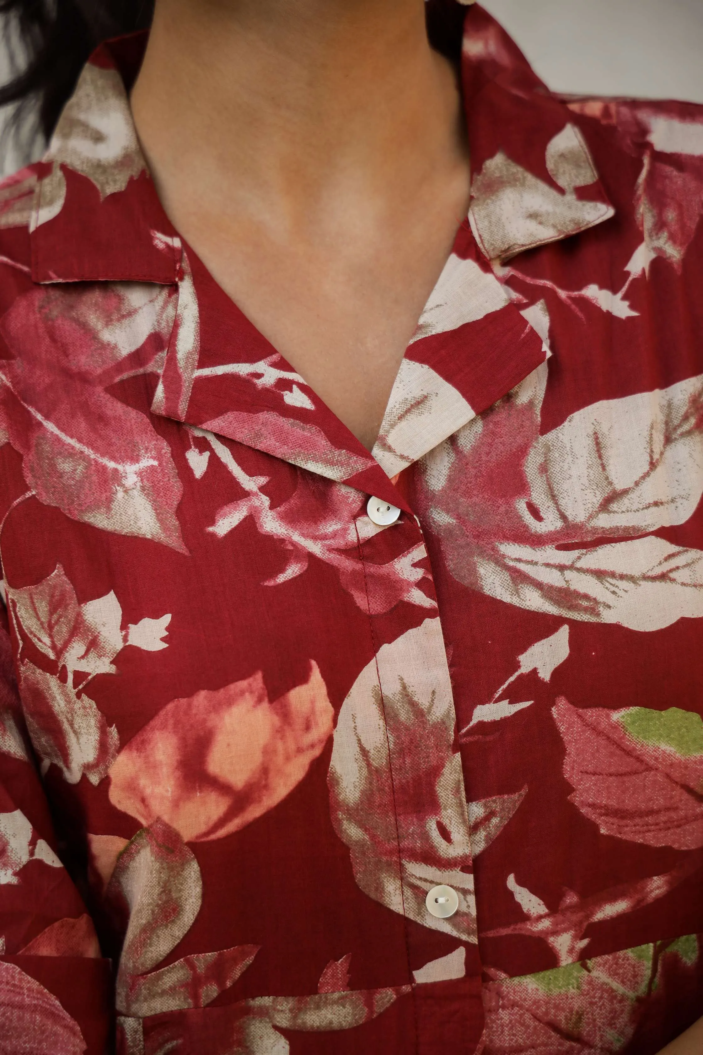Red Floral Cotton Shirt Dress – Elegant Flared Midi