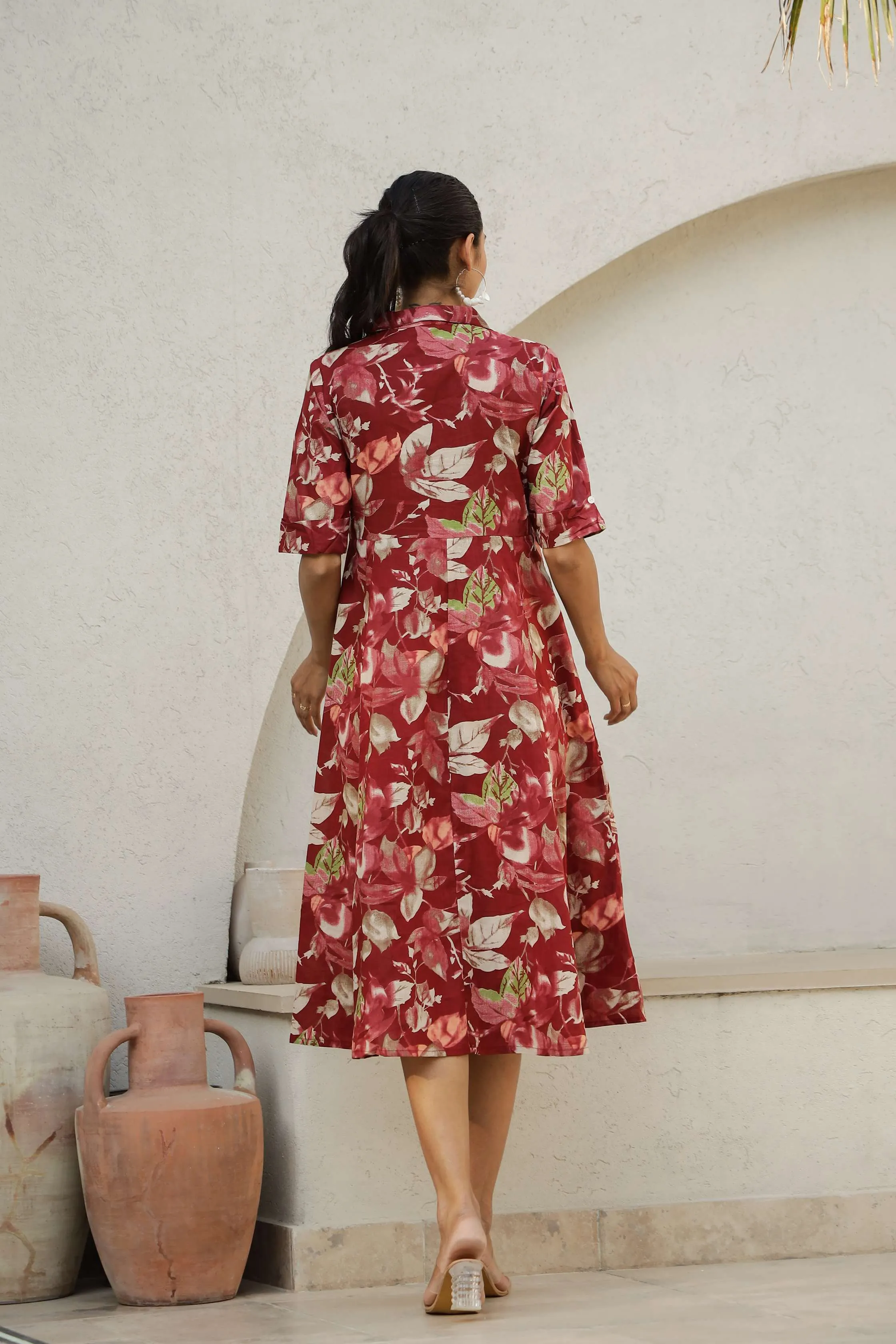 Red Floral Cotton Shirt Dress – Elegant Flared Midi