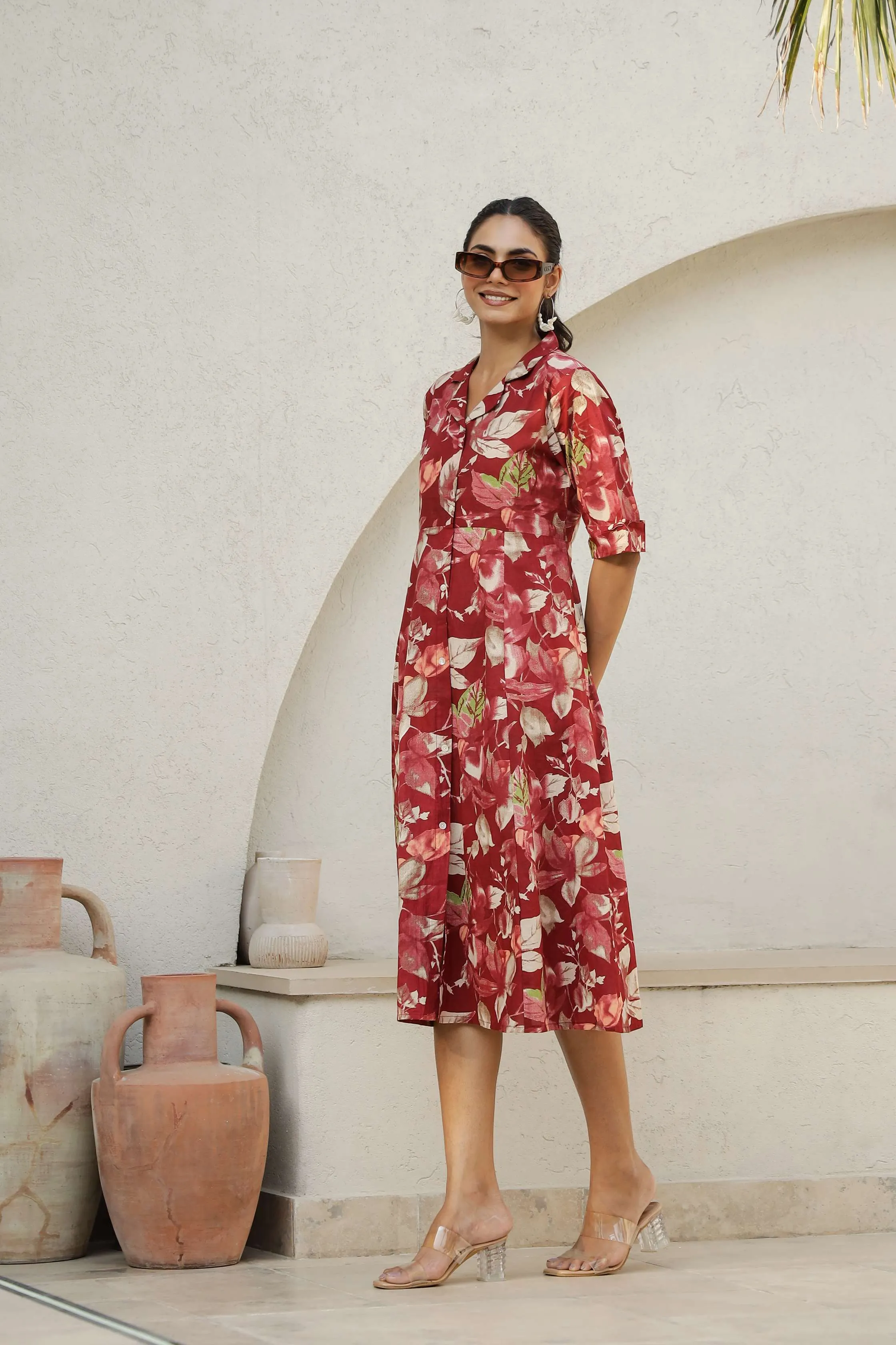 Red Floral Cotton Shirt Dress – Elegant Flared Midi