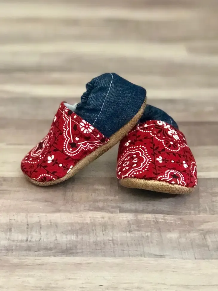 Red Paisley and Denim Moccasins