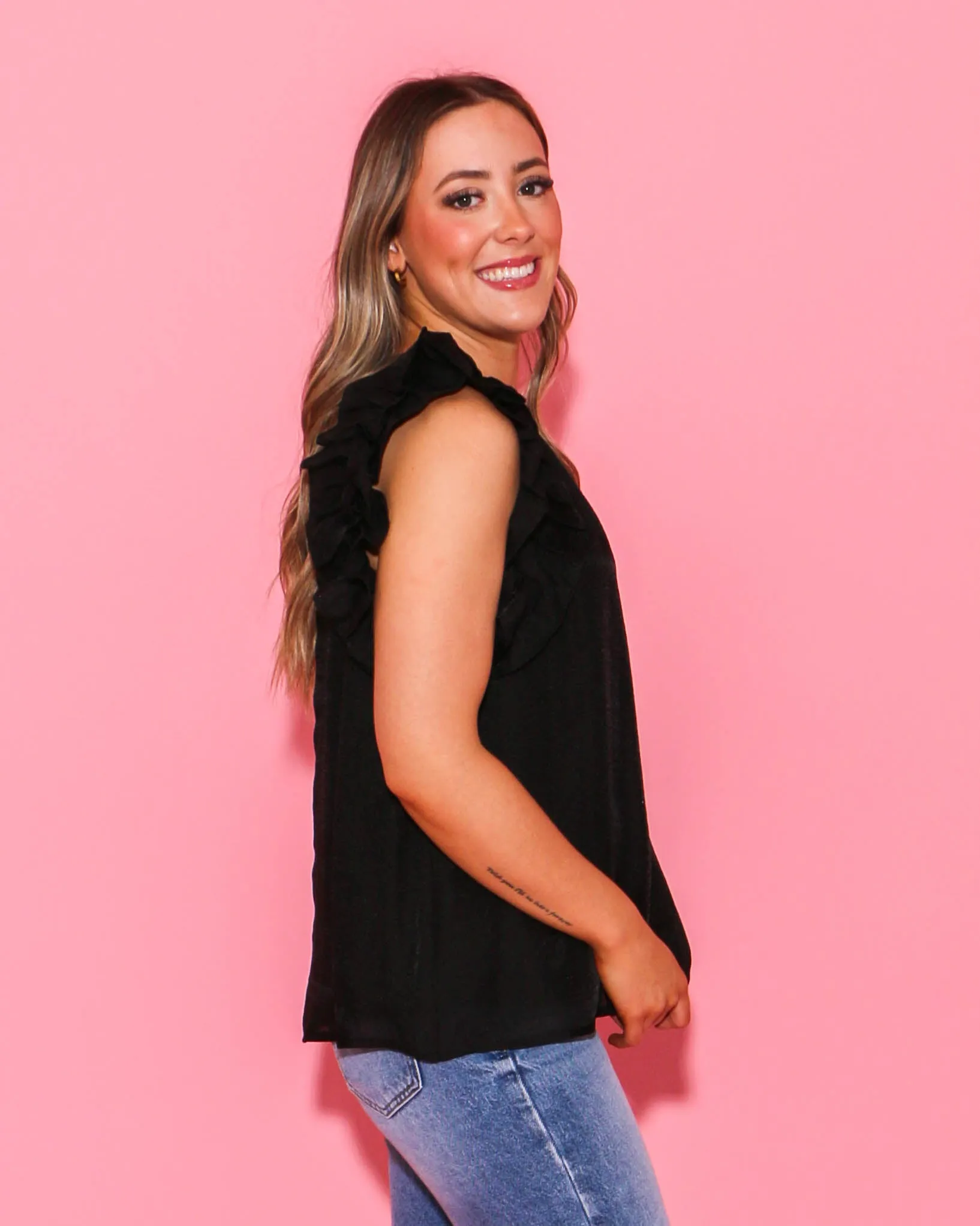 Round Neck Ruffle Sleeve Top in Black