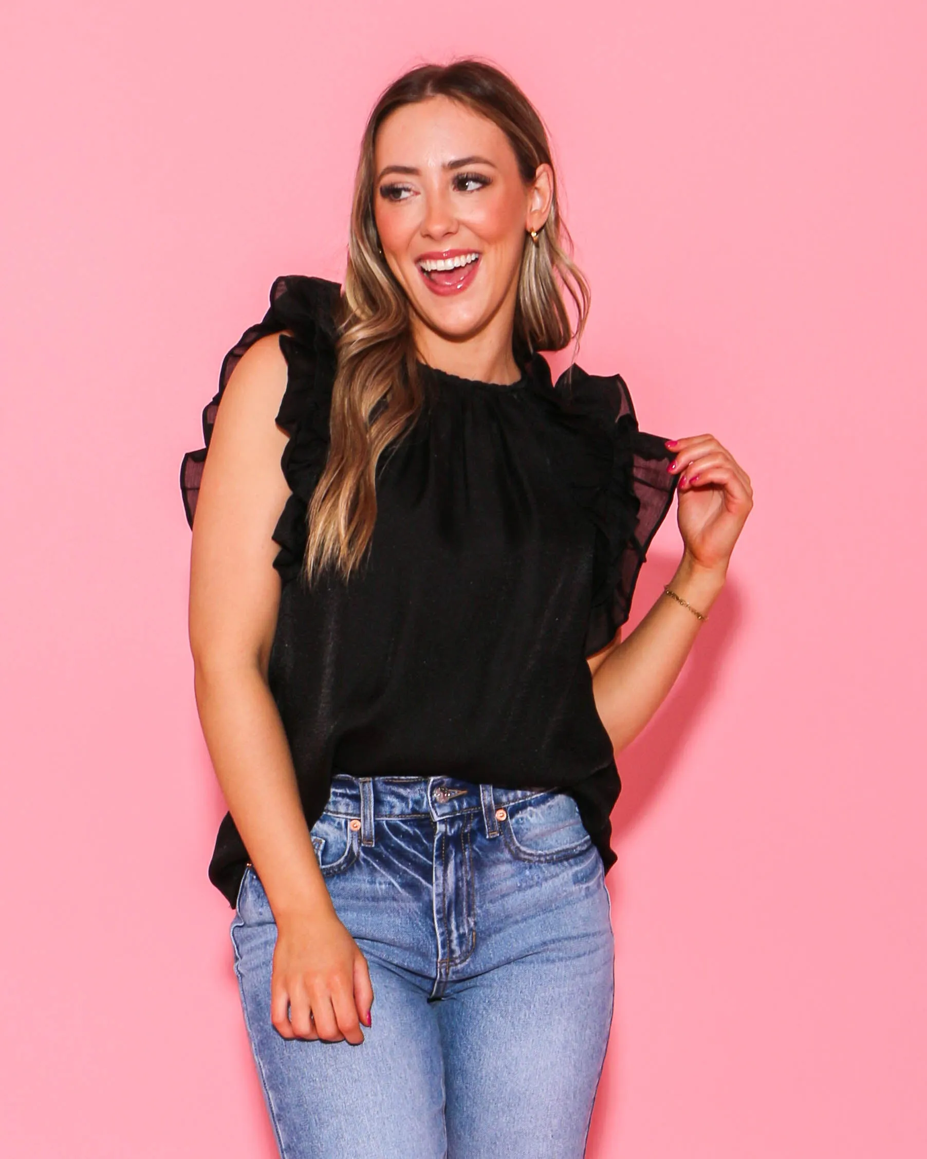 Round Neck Ruffle Sleeve Top in Black