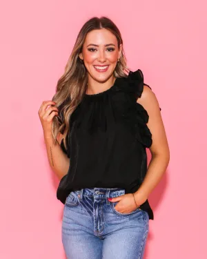 Round Neck Ruffle Sleeve Top in Black
