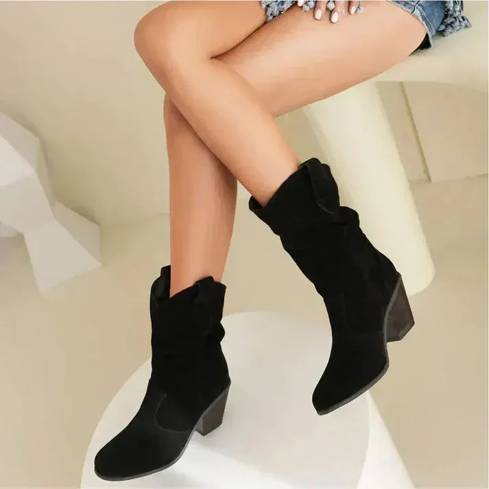Slouchy Suede Western Heel Boots