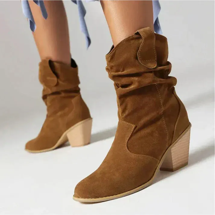 Slouchy Suede Western Heel Boots