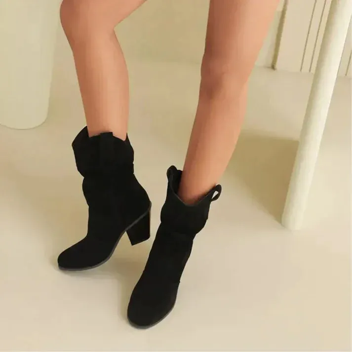 Slouchy Suede Western Heel Boots