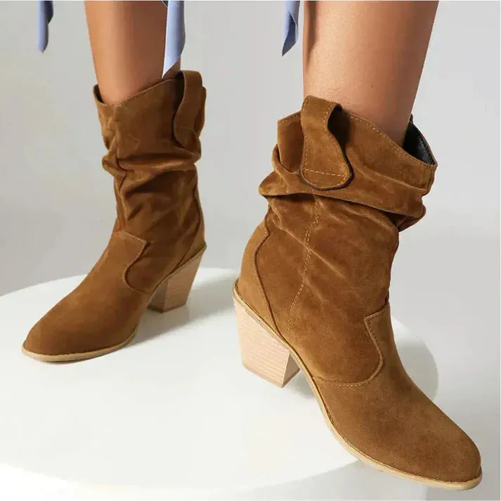 Slouchy Suede Western Heel Boots