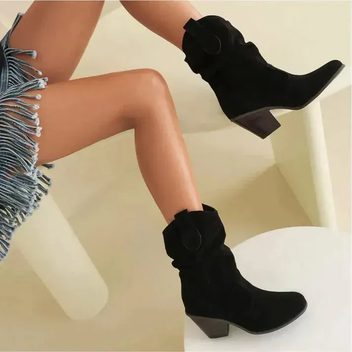 Slouchy Suede Western Heel Boots