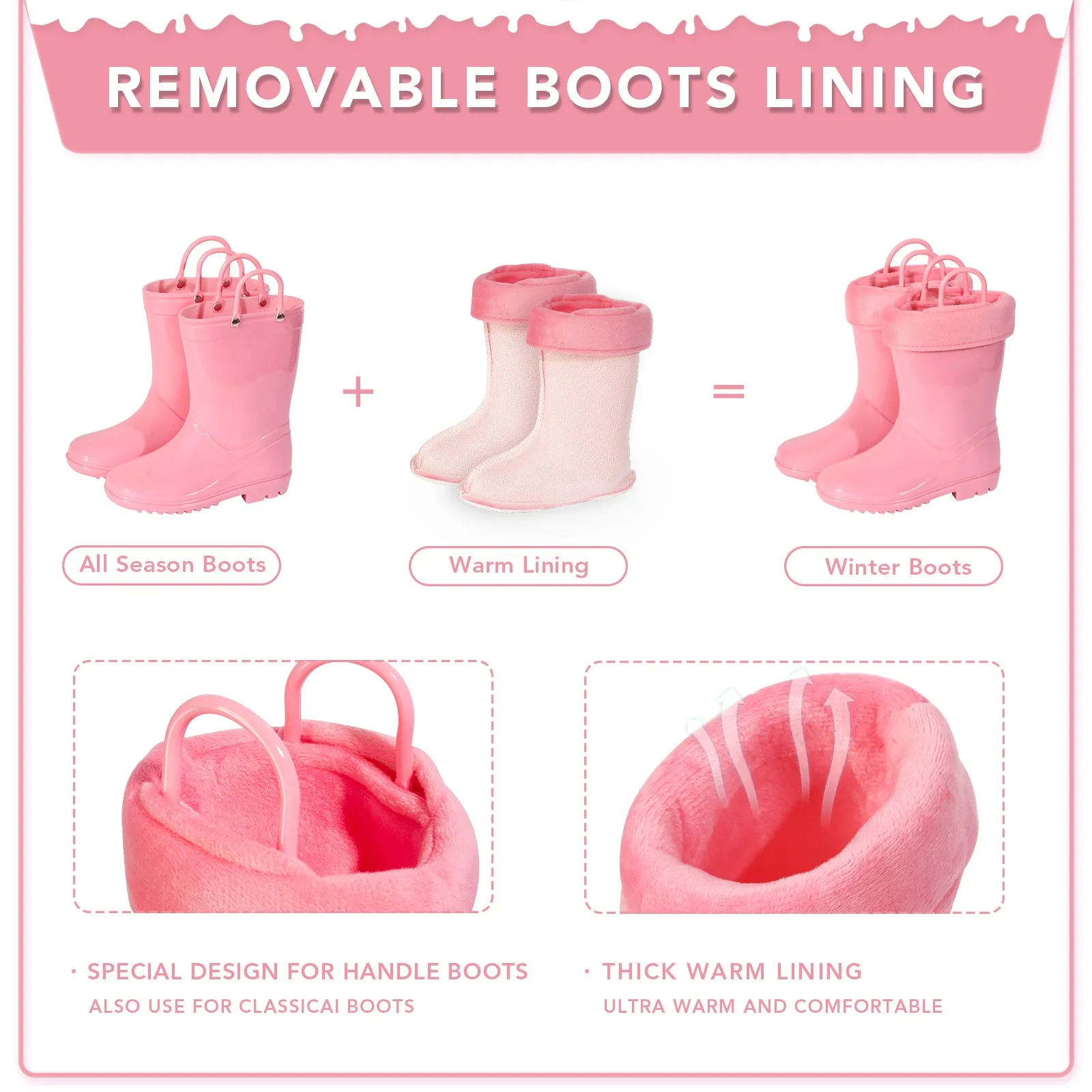Solid Pink Girls Winter Fleeced Rain Boots