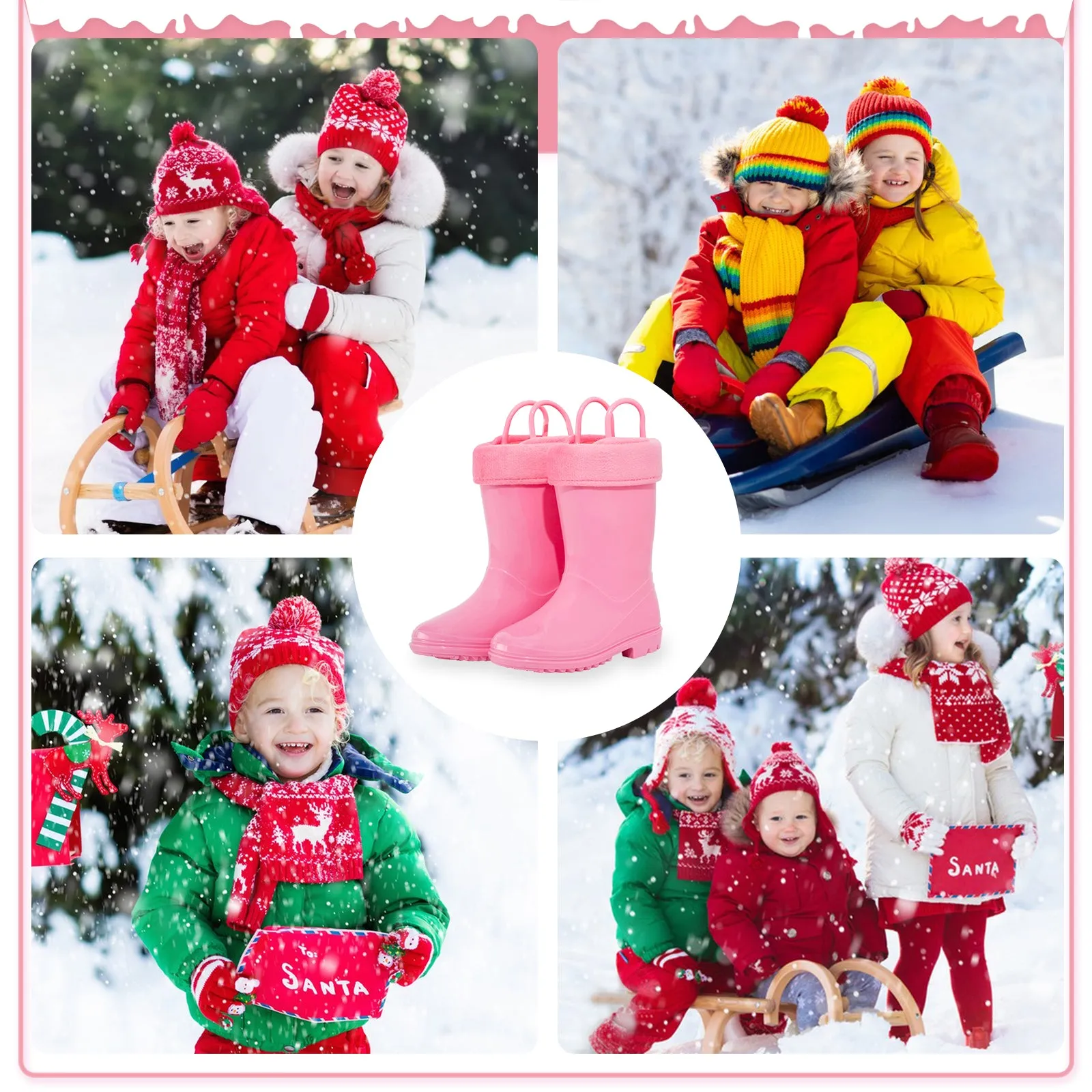 Solid Pink Girls Winter Fleeced Rain Boots