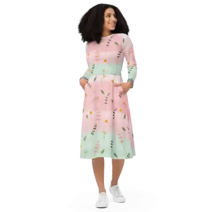 Stunning Long Sleeve Midi Pink and Green Floral Dress