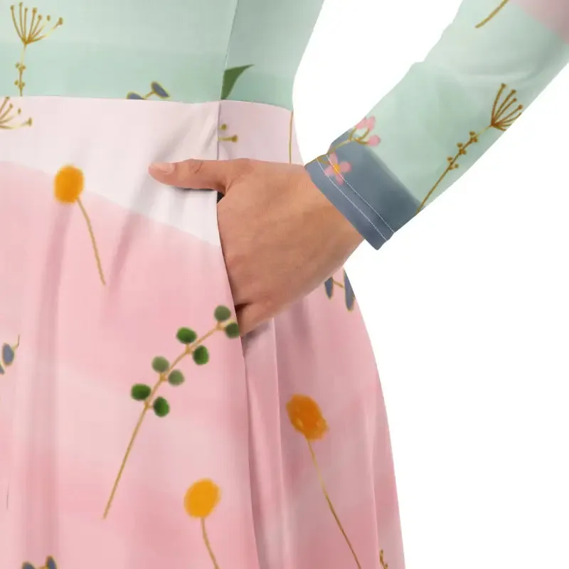 Stunning Long Sleeve Midi Pink and Green Floral Dress