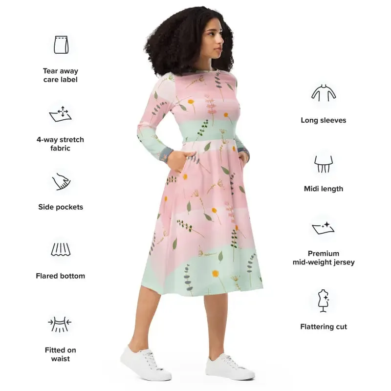 Stunning Long Sleeve Midi Pink and Green Floral Dress