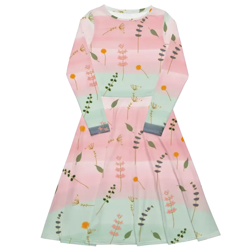 Stunning Long Sleeve Midi Pink and Green Floral Dress