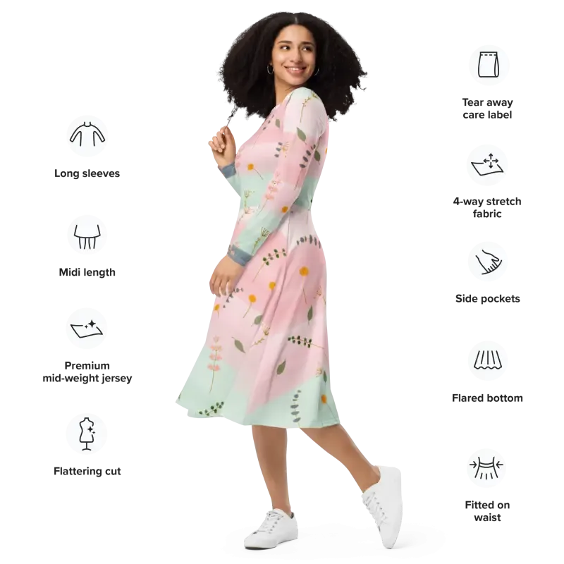 Stunning Long Sleeve Midi Pink and Green Floral Dress