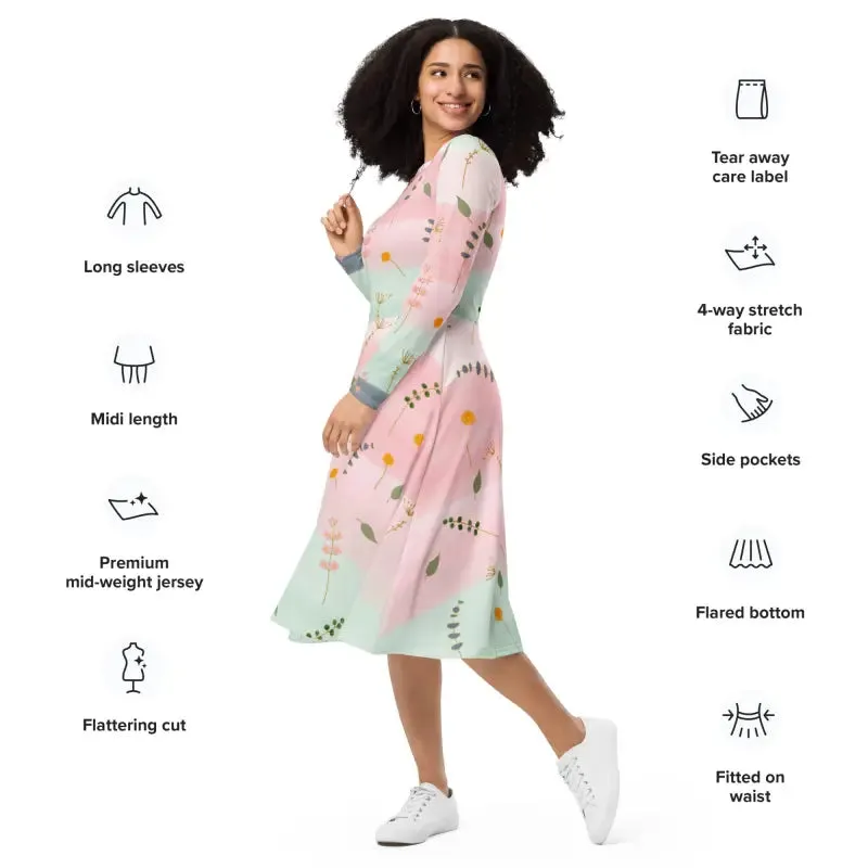 Stunning Long Sleeve Midi Pink and Green Floral Dress