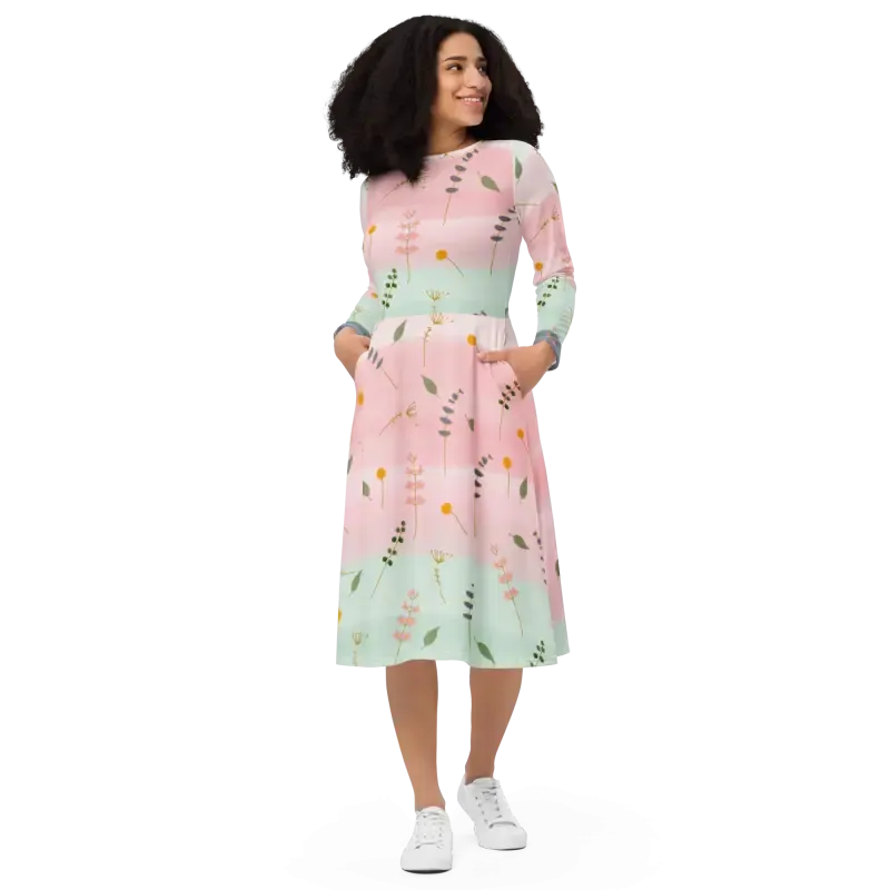 Stunning Long Sleeve Midi Pink and Green Floral Dress