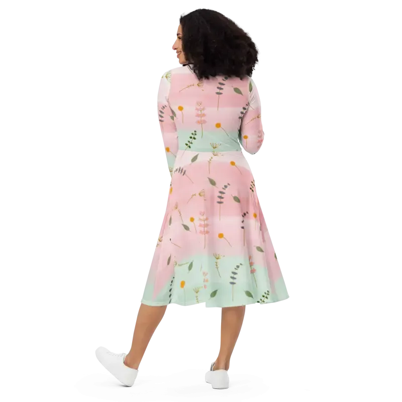 Stunning Long Sleeve Midi Pink and Green Floral Dress