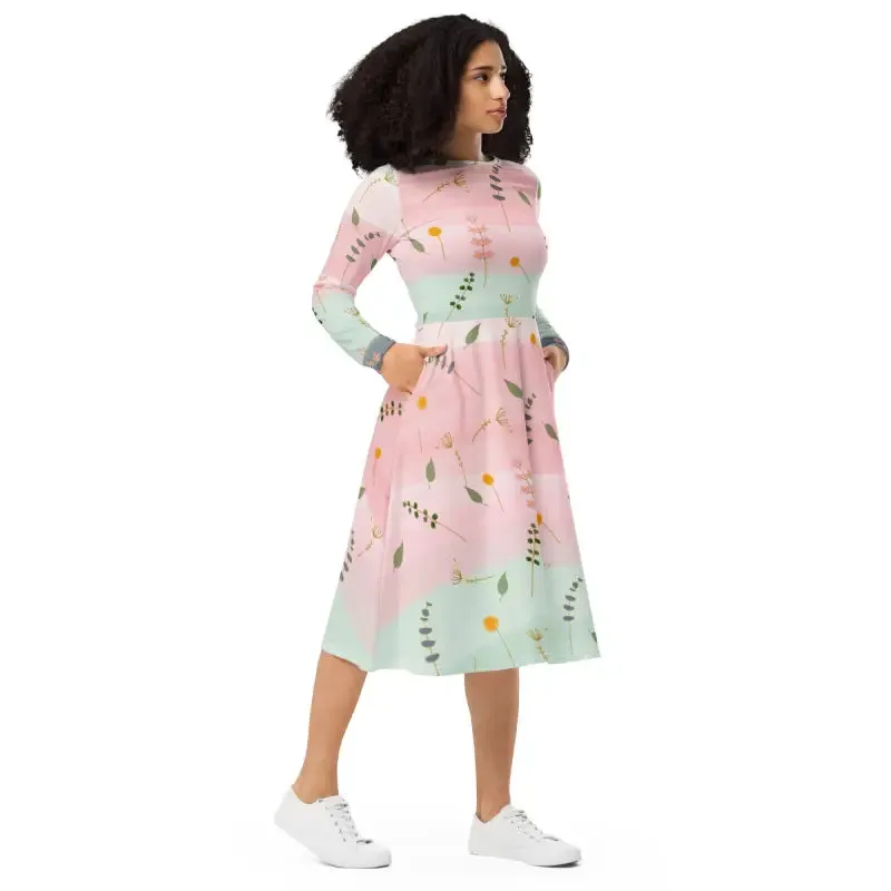 Stunning Long Sleeve Midi Pink and Green Floral Dress