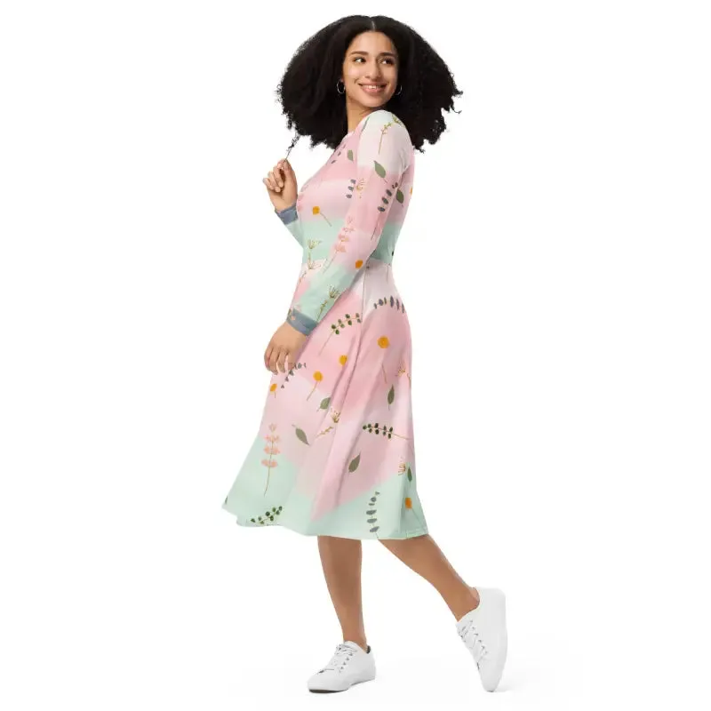 Stunning Long Sleeve Midi Pink and Green Floral Dress