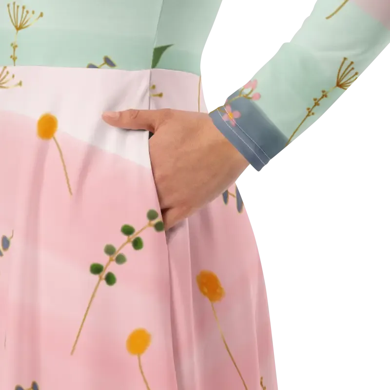Stunning Long Sleeve Midi Pink and Green Floral Dress