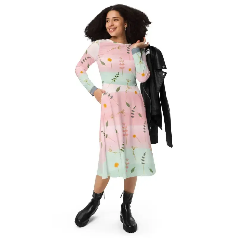 Stunning Long Sleeve Midi Pink and Green Floral Dress