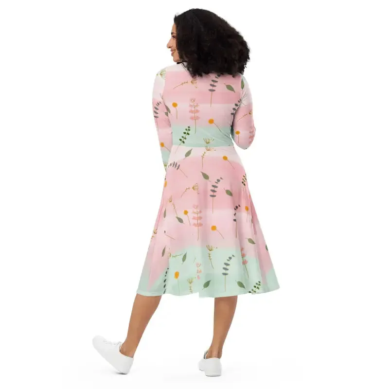 Stunning Long Sleeve Midi Pink and Green Floral Dress