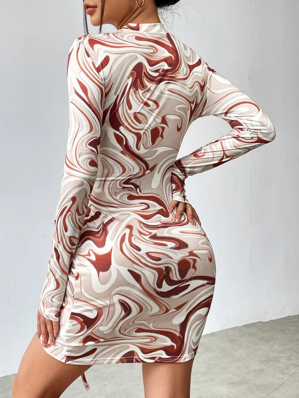 Swirl-Print Bodycon Mini Dress with Drawstring Ruched Side