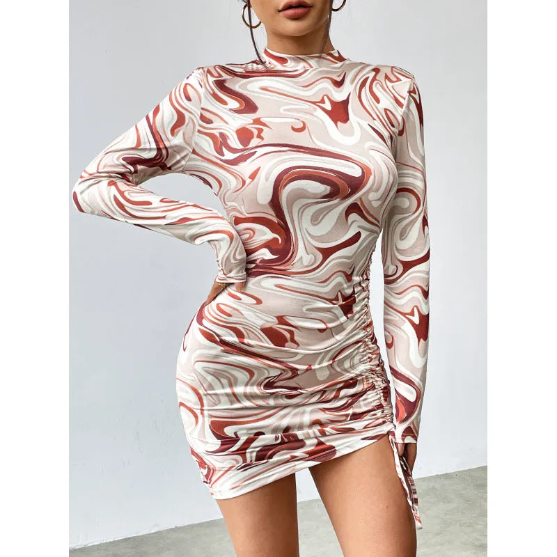 Swirl-Print Bodycon Mini Dress with Drawstring Ruched Side