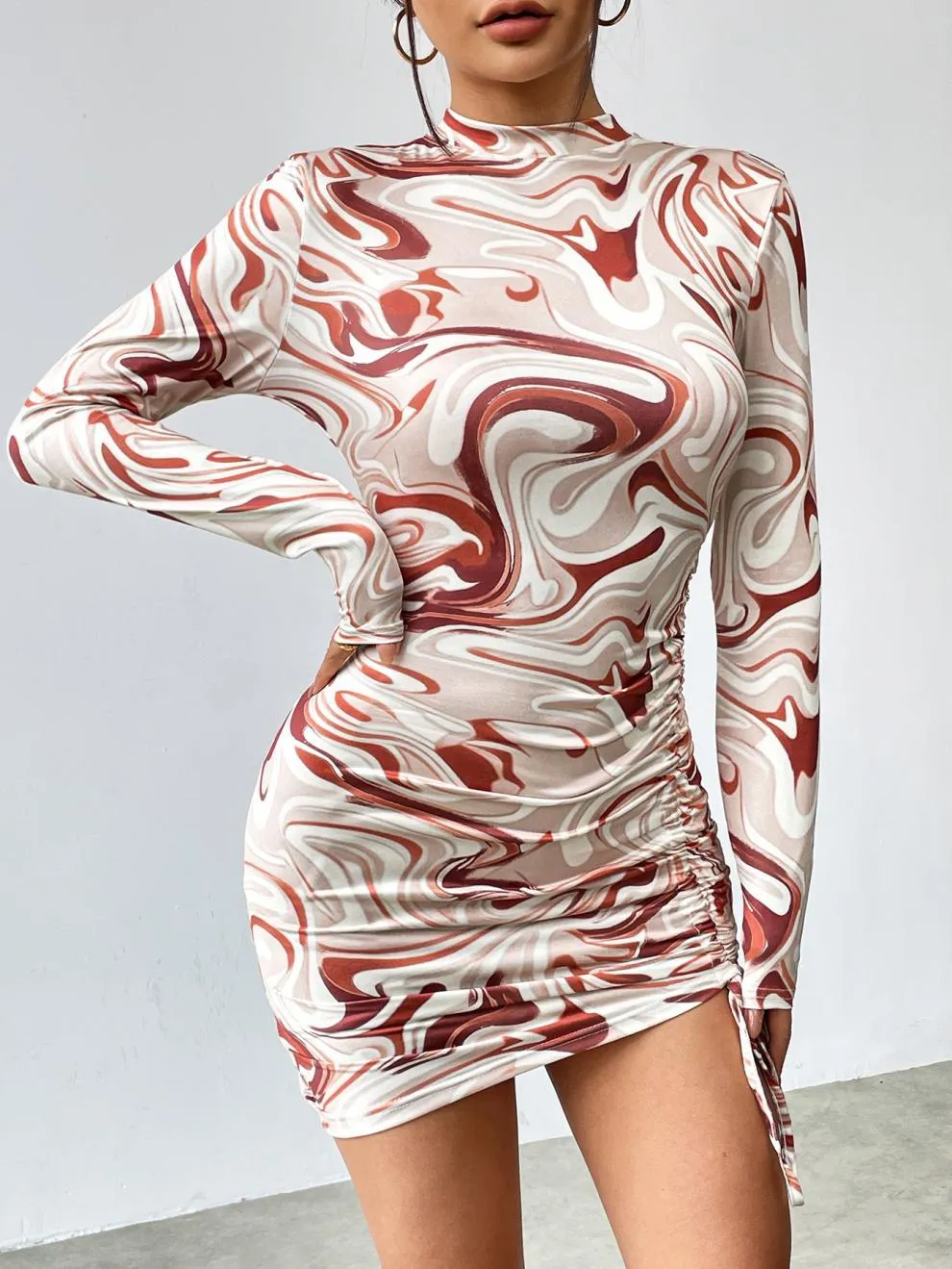 Swirl-Print Bodycon Mini Dress with Drawstring Ruched Side
