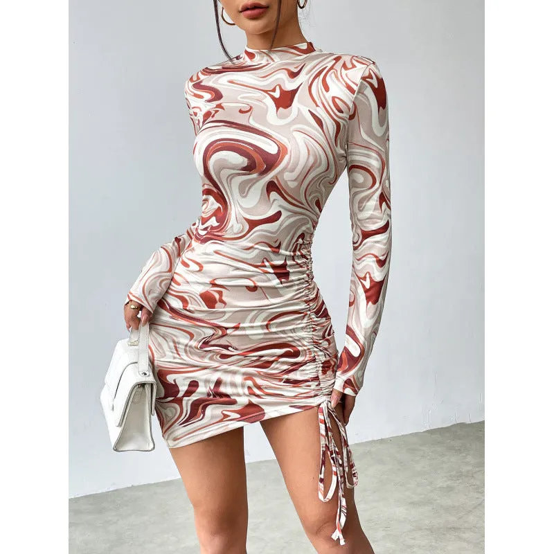 Swirl-Print Bodycon Mini Dress with Drawstring Ruched Side
