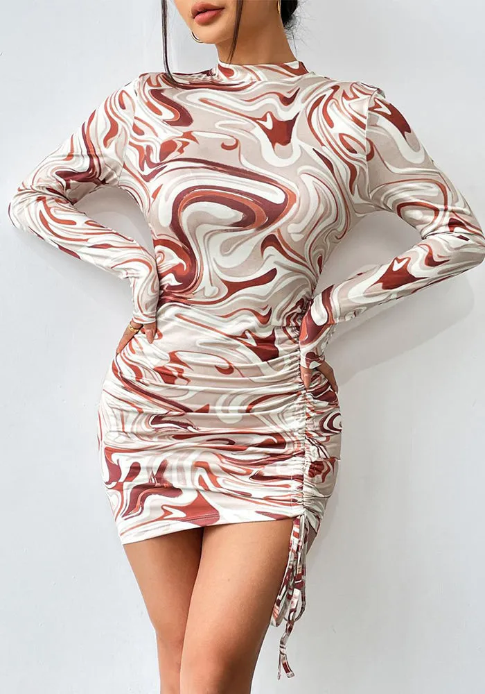 Swirl-Print Bodycon Mini Dress with Drawstring Ruched Side