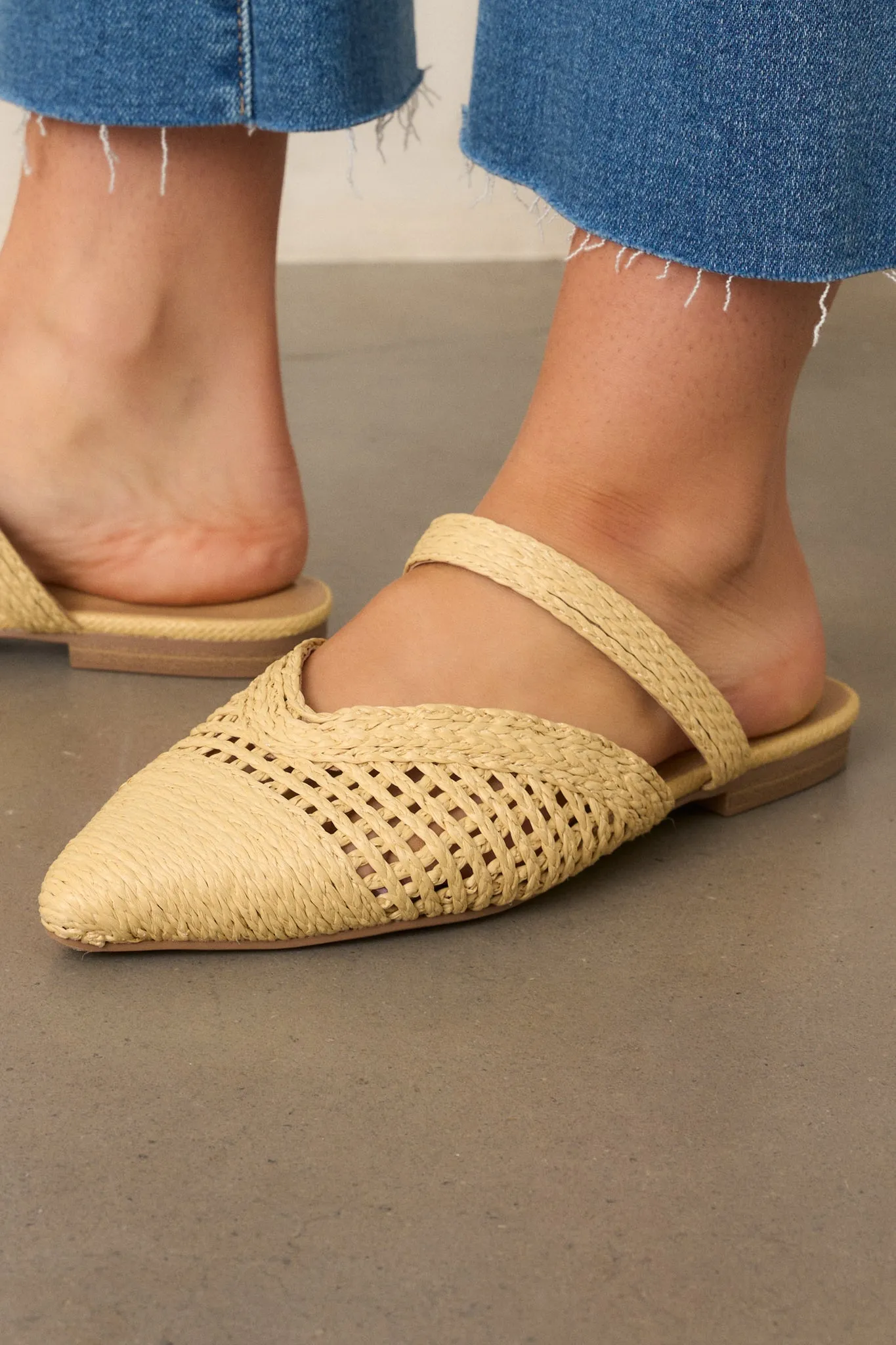 There She Goes Natural Pointed-Toe Woven Raffia Mules