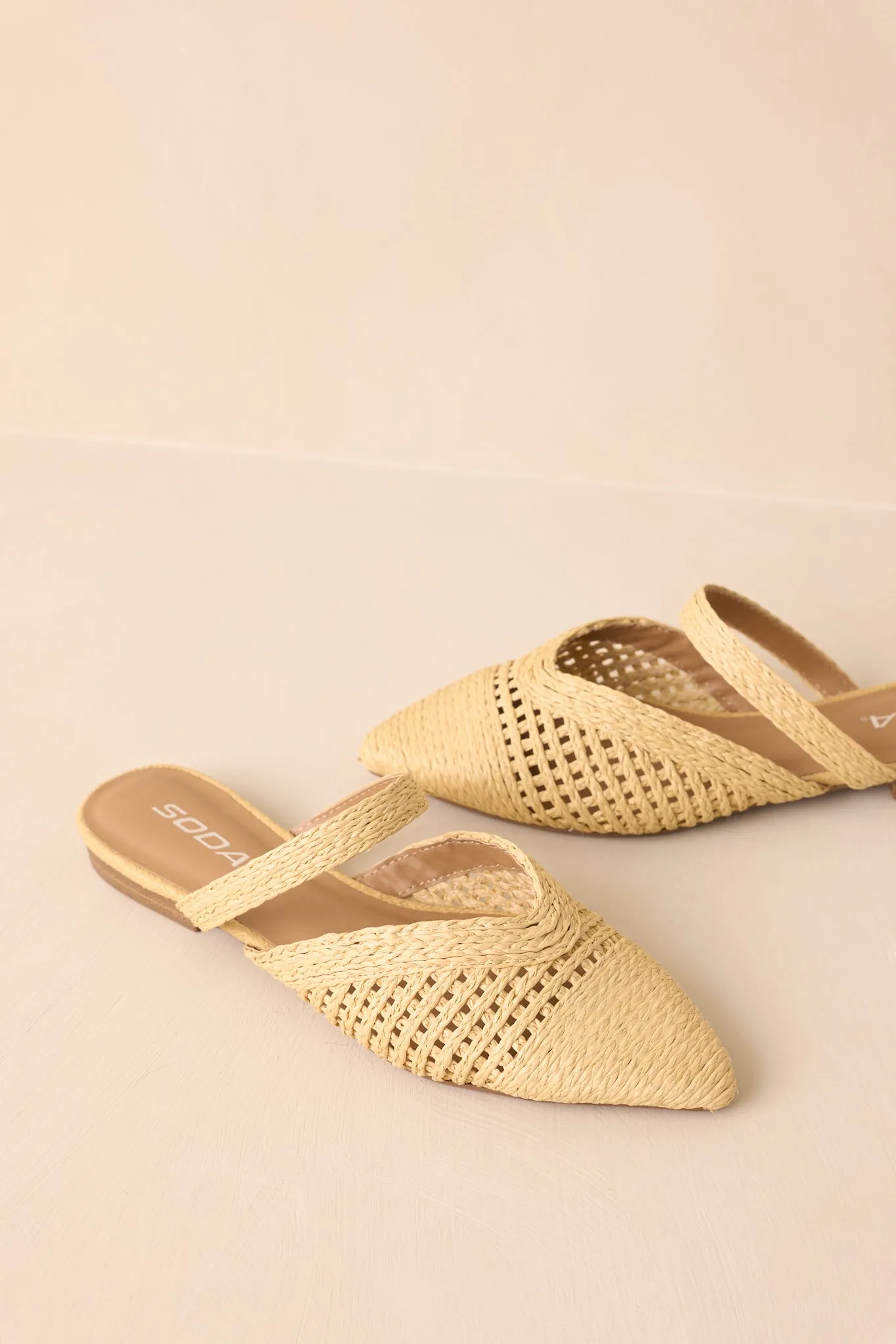 There She Goes Natural Pointed-Toe Woven Raffia Mules