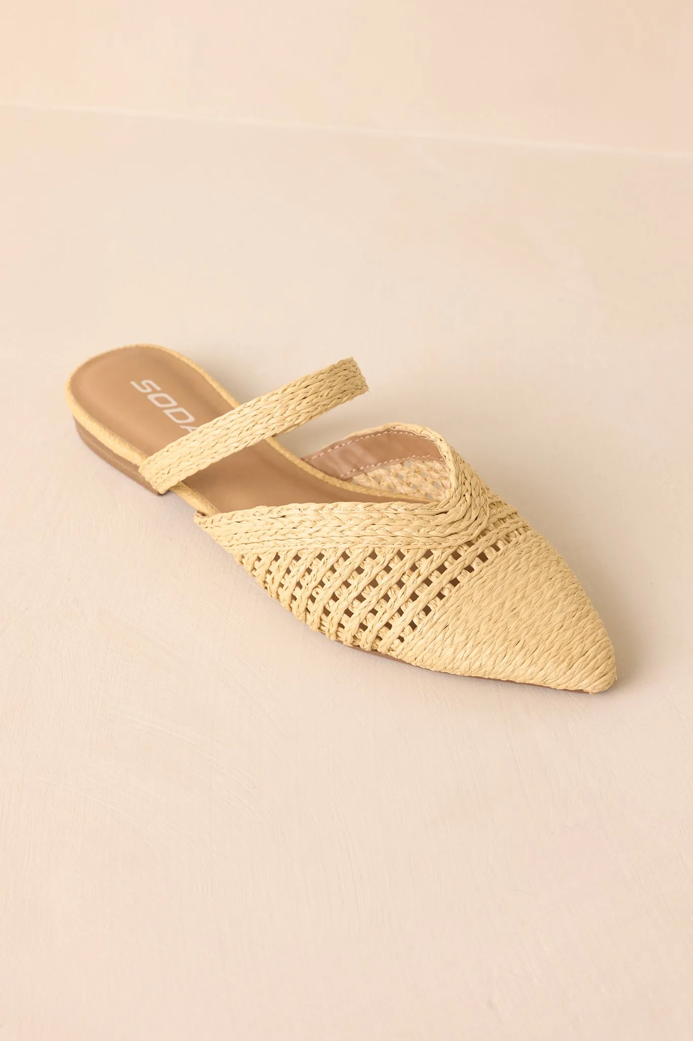 There She Goes Natural Pointed-Toe Woven Raffia Mules