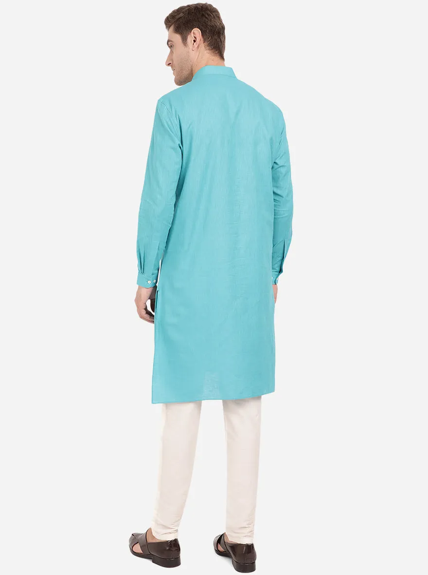 Turquoise Blue Self Textured Regular Fit Modi Kurta | JadeBlue